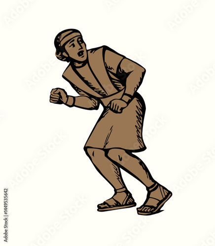 Vector drawing. Adult man flee with fear
