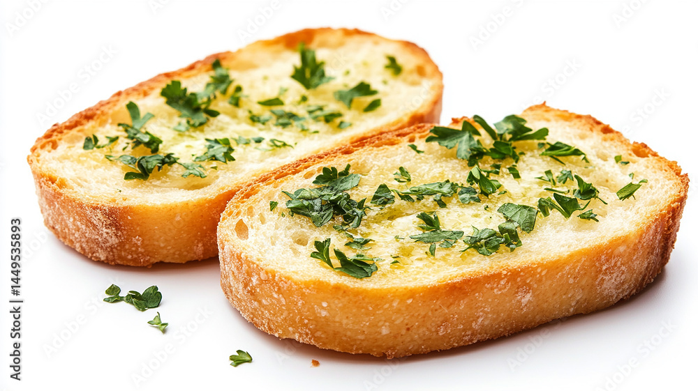 Two slices of garlic bread with fresh parsley isolated on white background. Two slices of garlic bread with fresh parsley isolated on white background.
