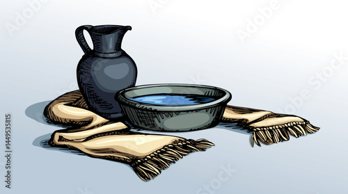 Vector drawing. Jug and bowl