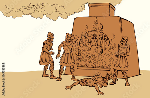 Vector drawing. The king looks at the youths in the oven
