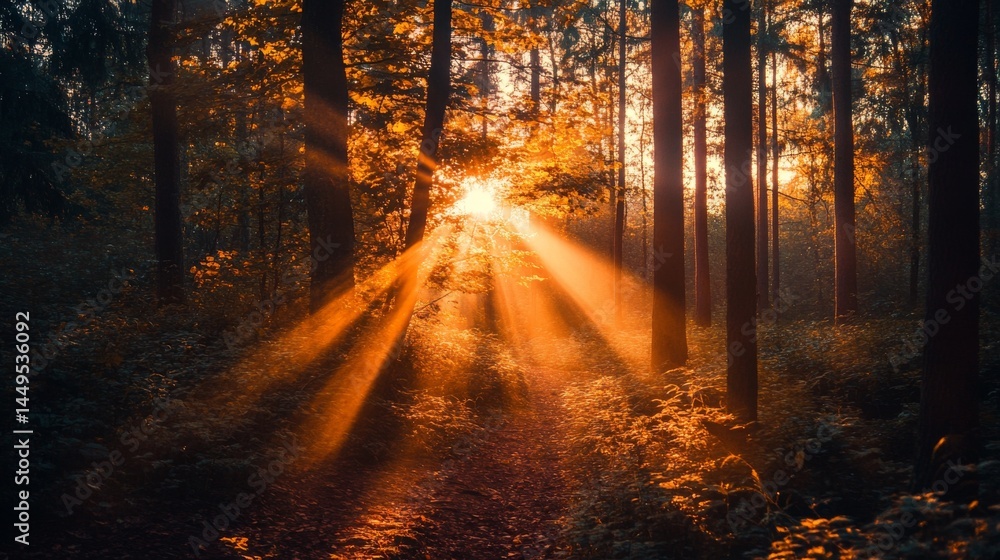 Sun rays shining through a dense forest, creating a magical and atmospheric effect. Sun rays shining through a dense forest, creating a magical and atmospheric effect.