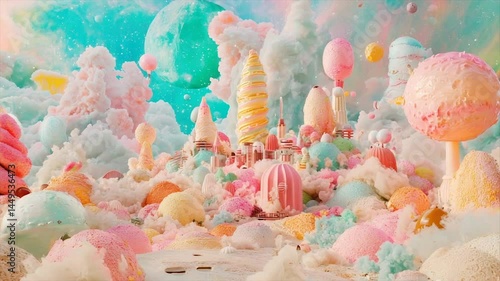 A whimsical, colorful confectionery city nestled in a cloud of sweet treats.  Soft pastel colors, playful shapes, and fantastical elements create a sugary landscape