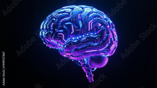 Neon brain floating on dark background representing AI intelligence