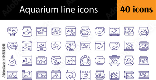 Fish in Aquarium Line Icon Set. Minimalistic Linear Pictogram for Web and Graphic Design, Apps, Banners, Social Network and Cards