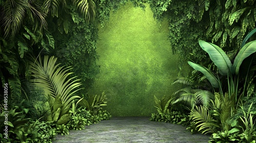 Fototapeta Naklejka Na Ścianę i Meble -  Lush Tropical Foliage Green Background Nature Scene
