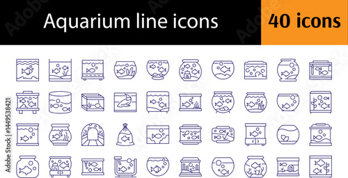 Set of Line Icons of Fish in Aquarium. Minimalistic Linear Pictogram for Web and Graphic Design, Apps, Banners, Social Network and Cards