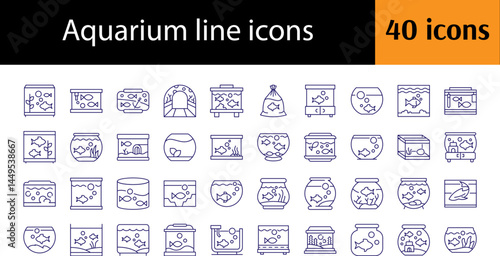 Bundle of Line Icons of Fish in Aquarium. Minimalistic Linear Pictogram for Web and Graphic Design, Apps, Banners, Social Network and Cards