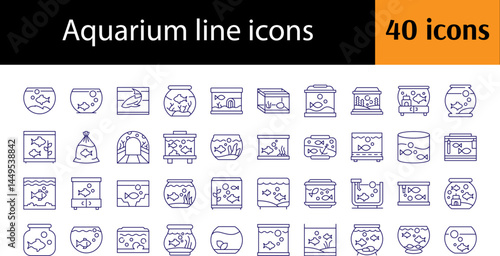 Fish in Aquarium Outline Web Line Icons Collection. Minimalistic Linear Pictogram for Web and Graphic Design, Apps, Banners, Social Network and Cards