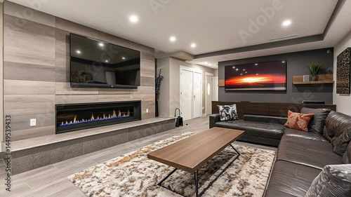 Modern Basement Living Room Design: Cozy Fireplace, Leather Sofa, and Large TV