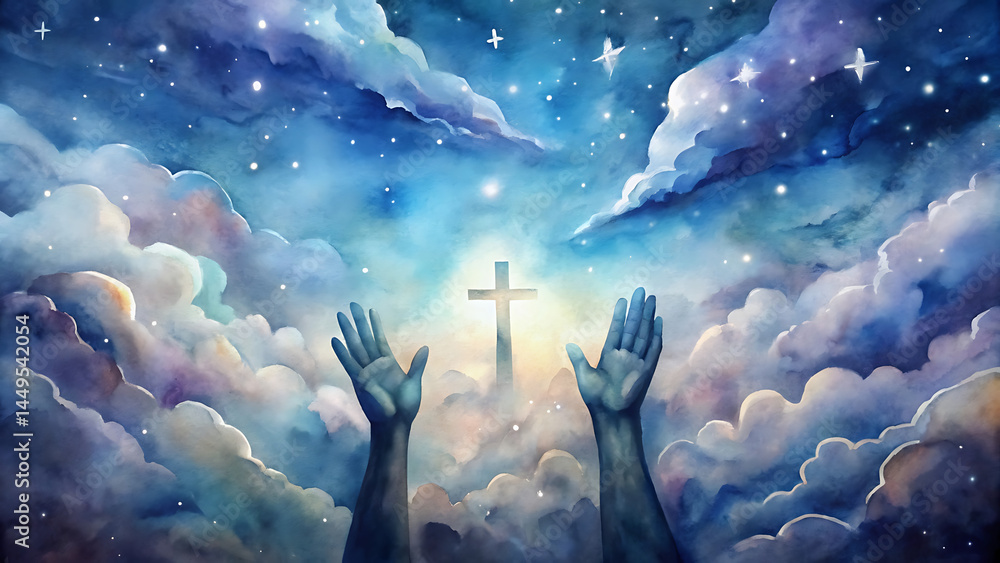 Fototapeta premium Watercolor illustration of hands holding cross in symbolic expression of faith and hope