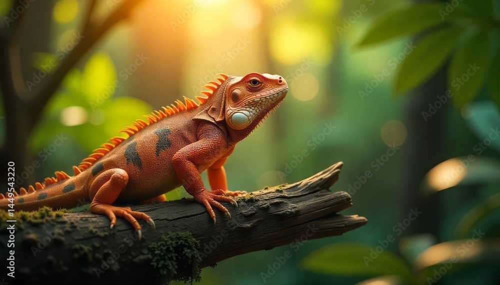 Naklejka premium Orange Iguana on Branch in Forest