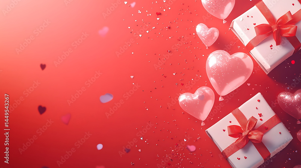 Romantic valentines day background with heart balloons and gift boxes on red surface festive love concept Romantic valentines day background with heart balloons and gift boxes on red surface festive love concept
