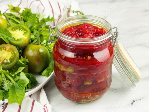 Jarred tomato preserve, alongside fresh tomatoes and greens