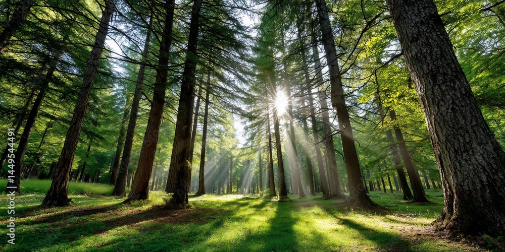 Fototapeta premium Sunbeams through a lush forest canopy, natural light, tranquil scene
