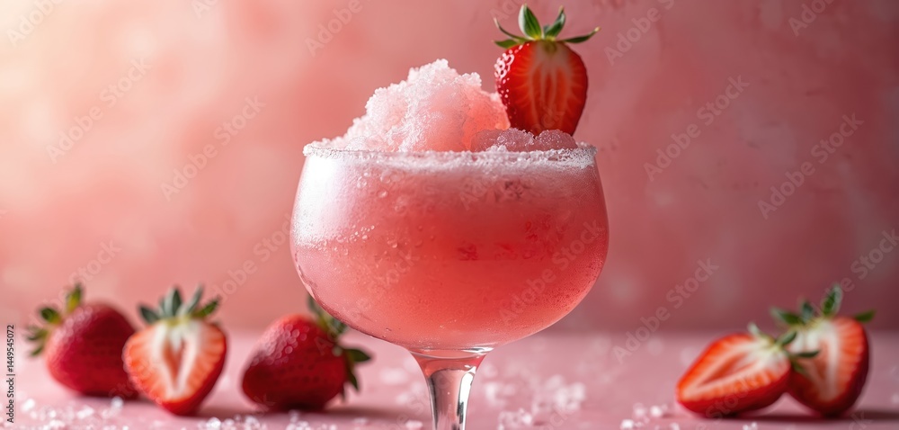 Frose cocktail with fresh strawberries rose wine. Cold summer alcoholic drink with ice and sugar. Perfect for parties, bar menus, social media, advertising, lifestyle design.