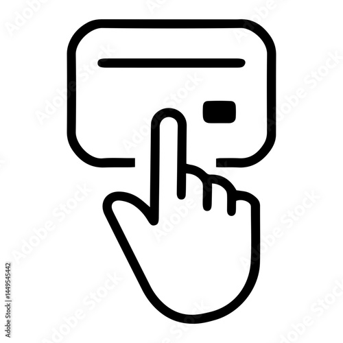 Tap card (outline style). This image depicts a hand touching a contactless payment terminal or card reader with a credit or debit card above it. It symbolizes a quick and easy payment method