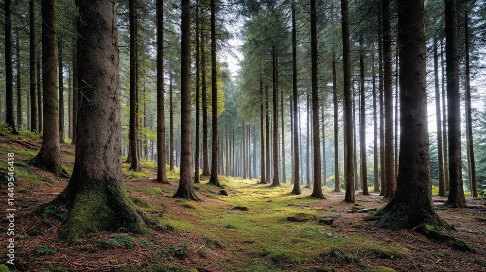 Fototapeta premium Sunlight filtering through a dense forest of tall pine trees on a hill. Possible use nature photography, wallpaper, screensaver