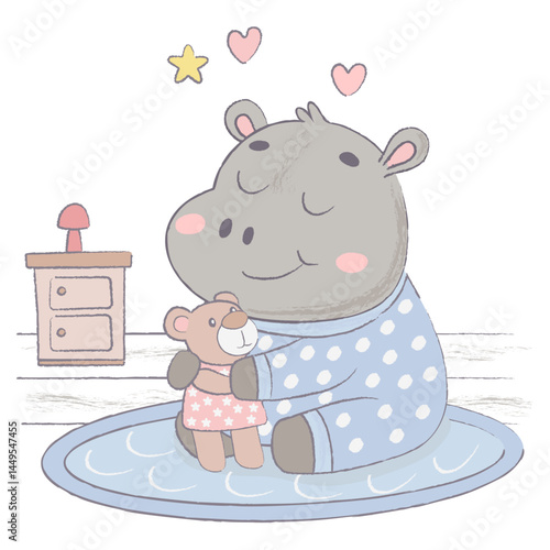 Cute Hippo Wearing Pajamas Cuddles a Teddy Bear in a Cozy Indoor Setting During Bedtime. Vector cute hippo