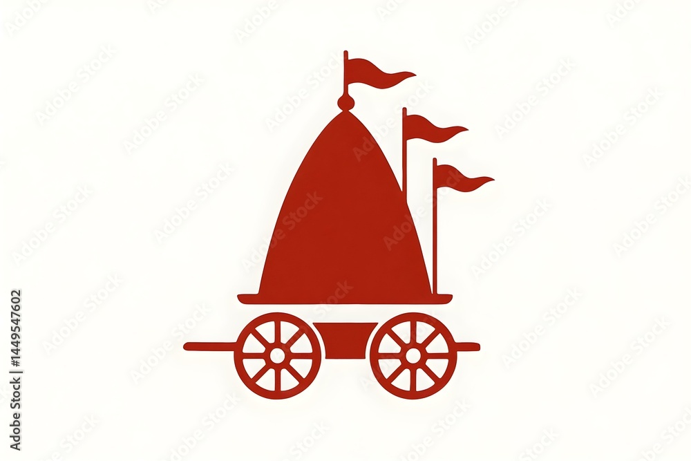 A red cart with a dome-shaped top and three flags, suggesting a decorative or ceremonial vehicle. Concept Ceremonial Vehicle, Red Cart Design, Decorative Elements, Dome-Shaped Top, Flag Adornments