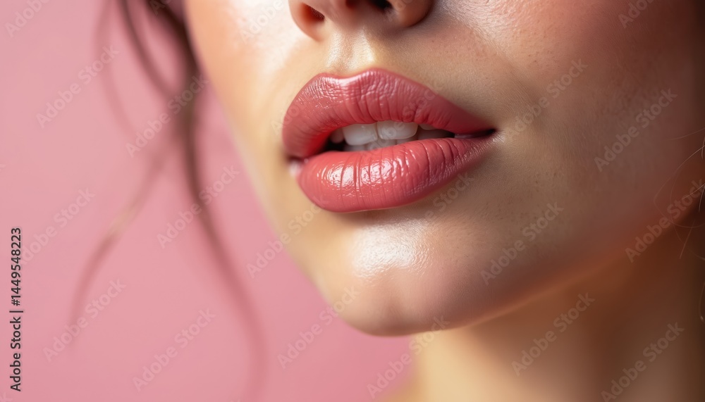 Close-up of woman lips with soft pink lip color against pastel background. Lips are full and have gloss. Portrait of female with skin, freckles and smooth skin. Fresh makeup, wellness concept. Close-up of woman lips with soft pink lip color against pastel background. Lips are full and have gloss. Portrait of female with skin, freckles and smooth skin. Fresh makeup, wellness concept.