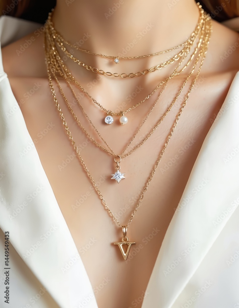 Close-up of woman neck with elegant gold necklaces. Variety of chains and pendants. Fashionable jewelry accessories, diamond, gem, pearl elements. Luxury style, beauty, modern design. Close-up of woman neck with elegant gold necklaces. Variety of chains and pendants. Fashionable jewelry accessories, diamond, gem, pearl elements. Luxury style, beauty, modern design.