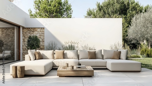 Modern beige outdoor sectional sofa set on patio with a light wooden coffee table.  The patio features a modern house and lush greenery