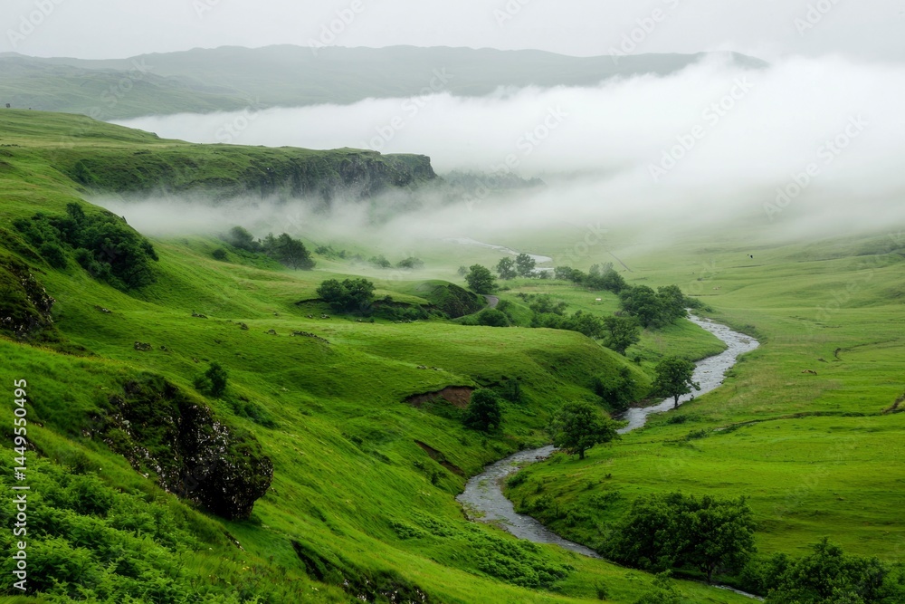 River flowing through lush green valley, mist on hills, overcast, peaceful scene River flowing through lush green valley, mist on hills, overcast, peaceful scene
