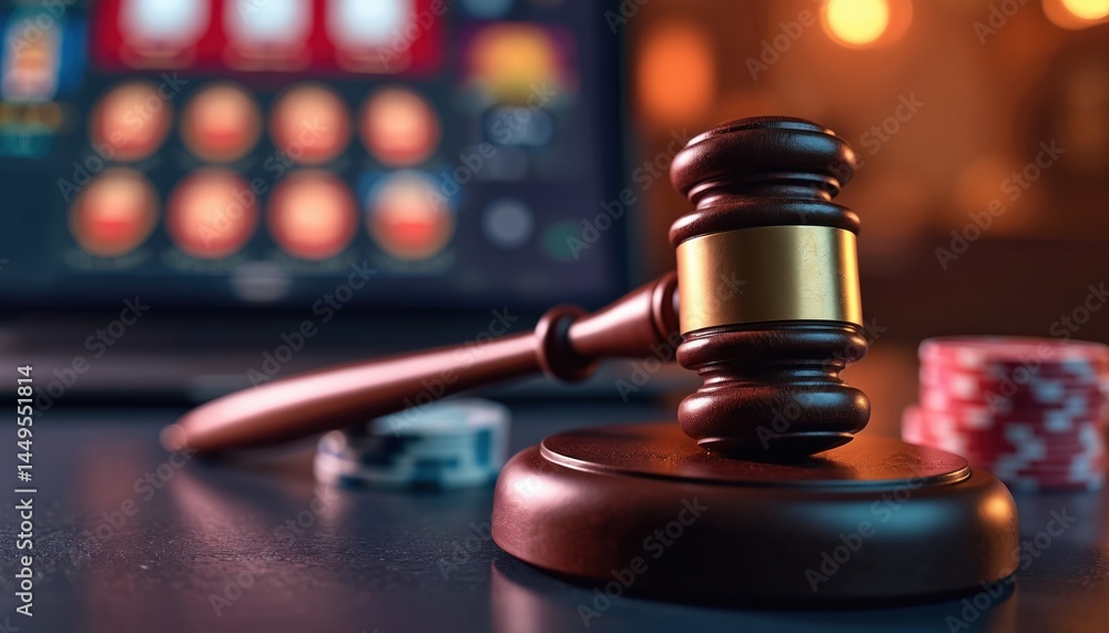 Gavel symbolizing legal control online casino, gambling. Blurred laptop screen with casino game. Poker chips, money stack. Concept of law, risk, luck, crime, bet, illegal activity.