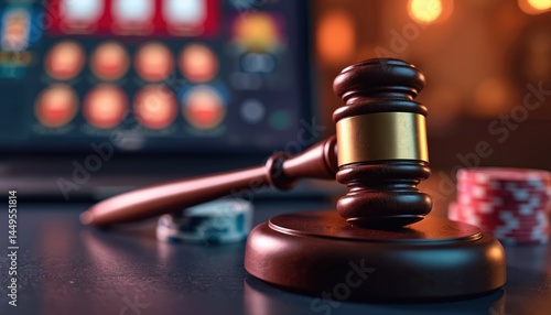 Obraz na płótnie Gavel symbolizing legal control online casino, gambling. Blurred laptop screen with casino game. Poker chips, money stack. Concept of law, risk, luck, crime, bet, illegal activity. w salonie