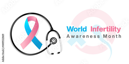 June Is World Infertility Awareness Month. Ribbon, stethoscope and more. Suitable for posters, banners, social media and more. White background.