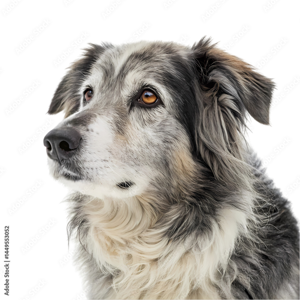 Senior Dog Portrait Majestic Grey and White Mixed Breed isolated on transparent background Senior Dog Portrait Majestic Grey and White Mixed Breed isolated on transparent background