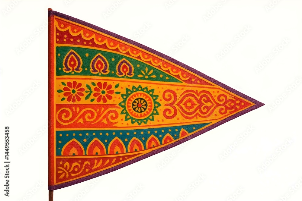 A colorful triangular flag with intricate patterns in orange, green, and yellow, featuring flowers and decorative designs. Concept Colorful Triangular Flag, Intricate Patterns, Floral Designs