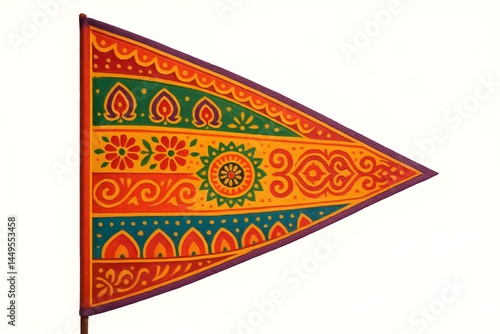 Obraz na płótnie A colorful triangular flag with intricate patterns in orange, green, and yellow, featuring flowers and decorative designs. Concept Colorful Triangular Flag, Intricate Patterns, Floral Designs w salonie