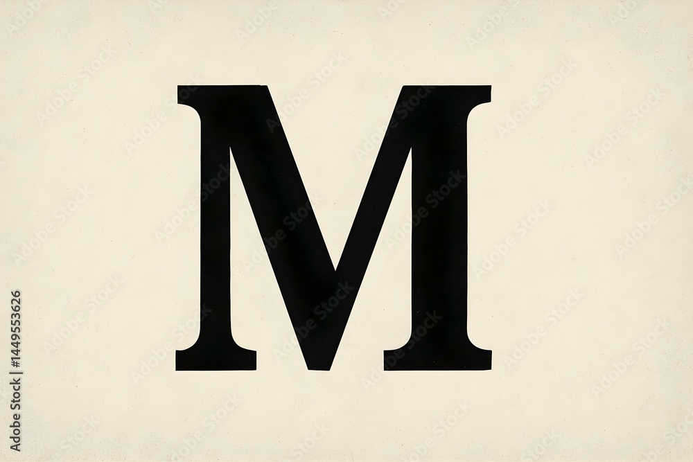 A large, bold letter M on a light beige background. Concept Letter M Design, Bold Typography, Minimalist Aesthetic, Light Beige Contrast, Graphic Art
