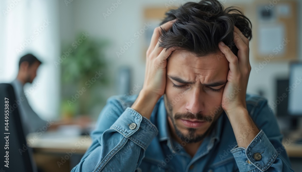 Worried young man with hands on head, stressed about work. Overwhelmed employee experiences anxiety frustration pressure. Close up portrait, indoor with another office worker in blurred background. Worried young man with hands on head, stressed about work. Overwhelmed employee experiences anxiety frustration pressure. Close up portrait, indoor with another office worker in blurred background.