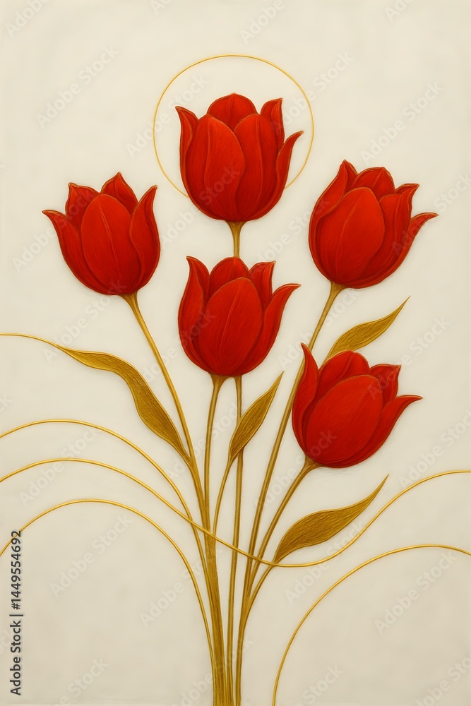 A bouquet of five red tulips with stylized golden stems and leaves against a light background. Concept Red Tulips Bouquet, Golden Stems, Stylized Design, Light Background, Floral Arrangement