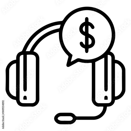Customer support cost (outline style). Headphones with a speech bubble containing a dollar sign symbolize the expense of customer service or paid support. Represents the financial aspect of assistance