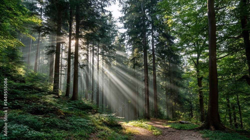 Sunlight streams through misty forest, illuminating path, peaceful woodland scene, suitable for nature, tranquility, or environmental themes Sunlight streams through misty forest, illuminating path, peaceful woodland scene, suitable for nature, tranquility, or environmental themes