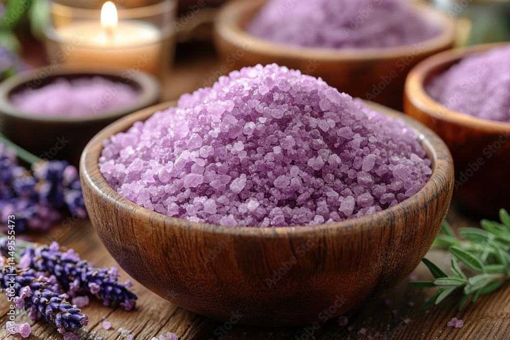 Wooden bowls fill with lavender bath salts on a rustic wood surface. It is great for wellness, beauty, and spa projects, or for marketing. Wooden bowls fill with lavender bath salts on a rustic wood surface. It is great for wellness, beauty, and spa projects, or for marketing.