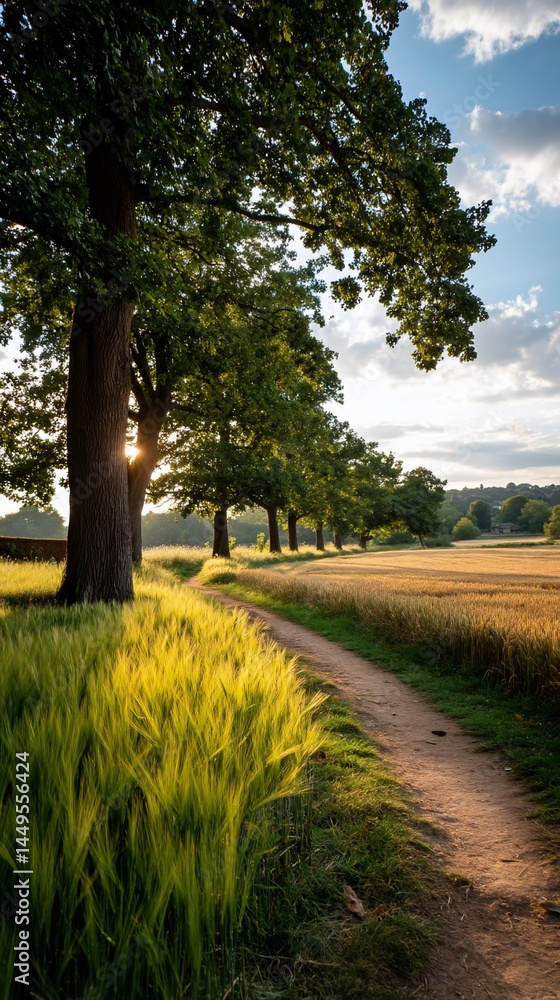 Obraz premium Sunlit country lane through golden wheat field at sunset. Possible use Stock photo for nature, travel, rural, summer, landscape, peaceful, serenity, tranquil, outdoor, scenic, wallpaper, postcard