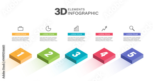 3D Vector Infographic Template. Square Blocks in Isometric. 5 Steps Infographics with Icons and Data