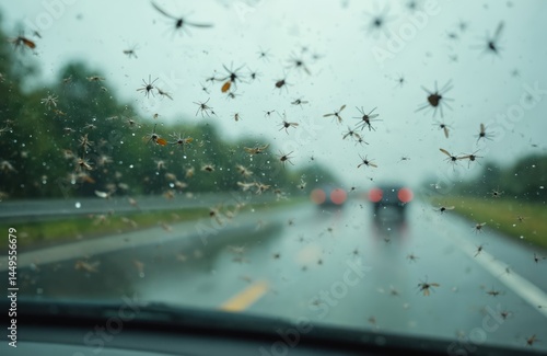 Close-up shot of dead insects on car windshield while driving during rainfall. Bug splatters covering glass. Insects remnants interfere with view. Visibility issue while driving on highway, road.