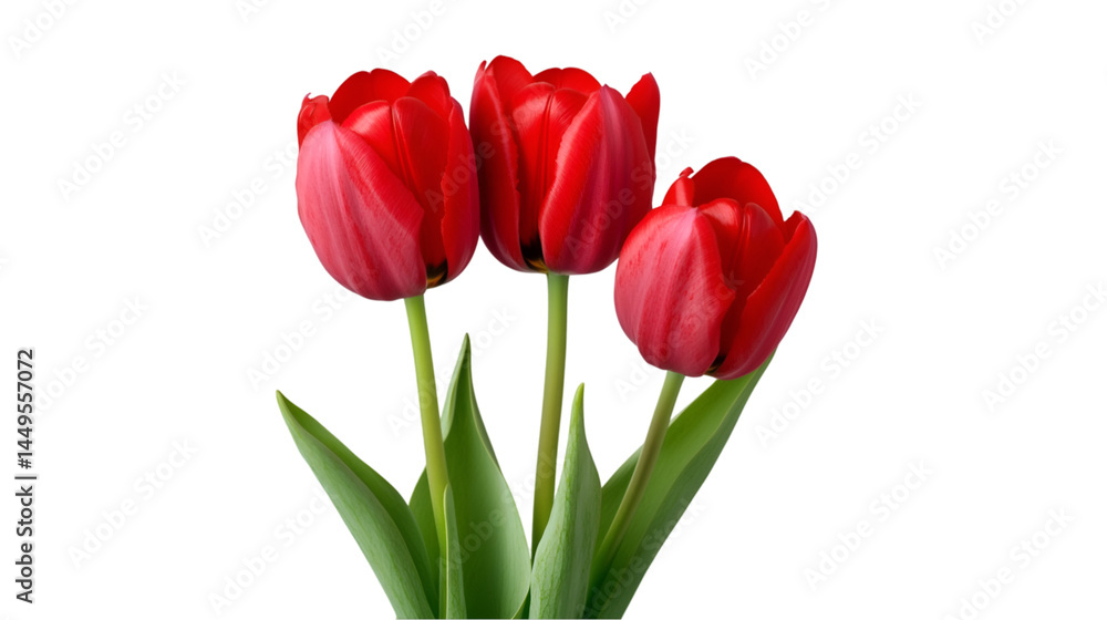Fototapeta premium Three Red Tulips Dark Background Elegant Flowers Nature Spring Bloom
