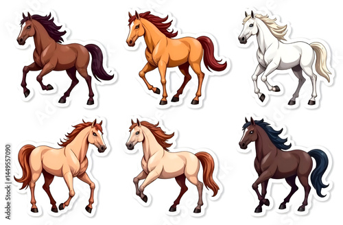 A set of stickers with different horse breeds,bag stickers,graceful friendly stallions,color and breed of horses,white background,long manes and strong hooves