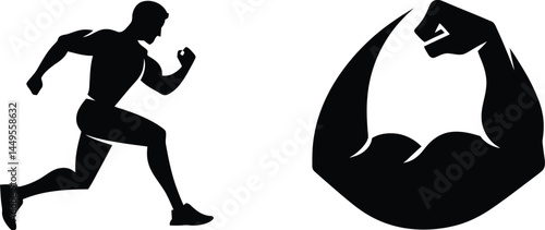 Set of Two Fitness-Themed Silhouettes Featuring a Running Athlete in Mid-Stride and a Flexed Arm with a Muscular Bicep | Strength and Endurance Representation in Black and White Vector Illustration