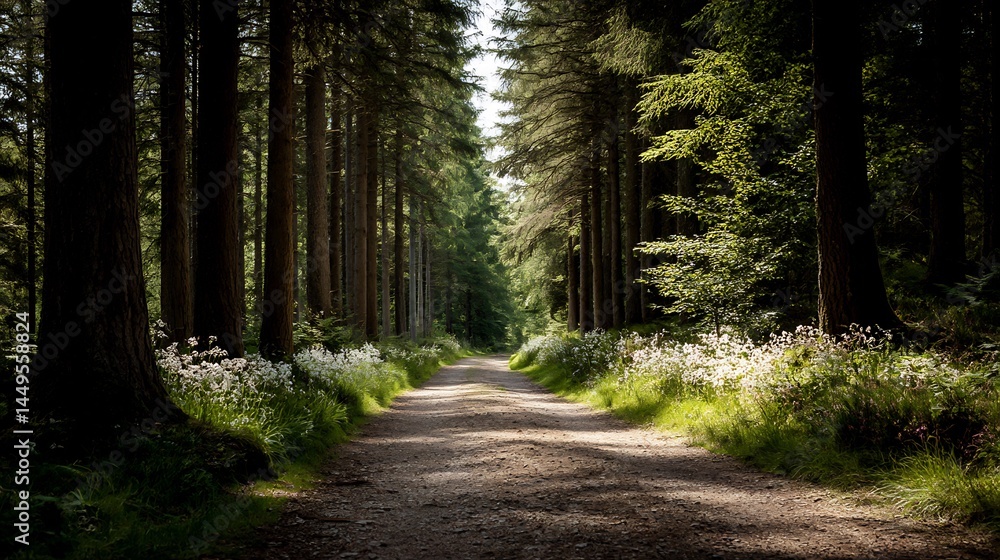 Fototapeta premium A scenic dirt path winding through a vibrant forest filled with tall trees