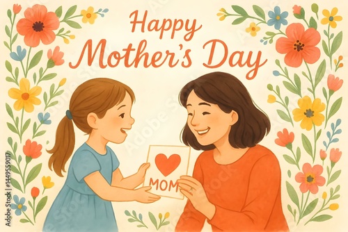 A young girl gives her mother a card for Mother's Day, surrounded by flowers and a cheerful greeting. Concept Mother's Day Celebration, Heartfelt Card, Daughter-Mother Bond, Floral Surroundings