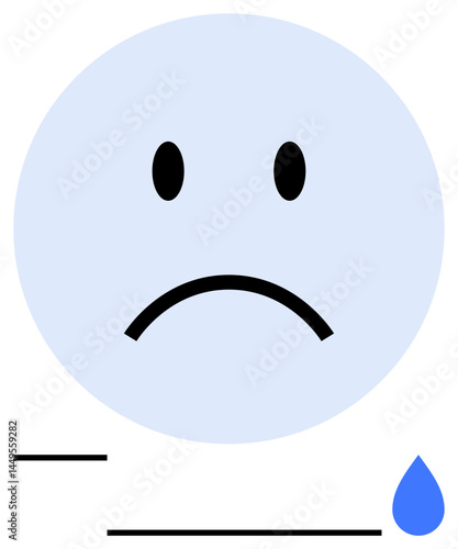 Blue teardrop falling from neutral sad face with curved frown and oval eyes. Ideal for emotion, sadness, grief, loneliness, expression, mental health awareness, flat simple metaphor