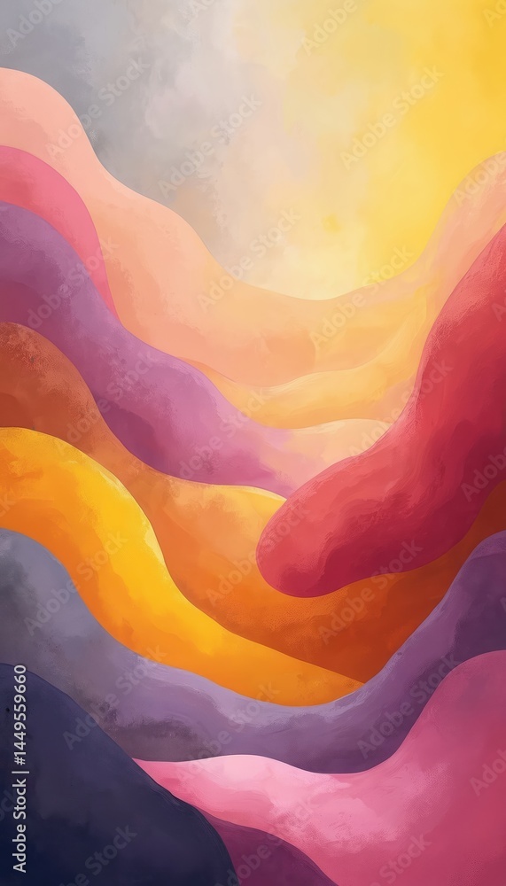 Abstract watercolor illustration with wavy shapes, soft colors. Warm shades orange, yellow, red blend with violet, grey, pink. Minimalist graphic design for backgrounds, wallpapers, textile prints.