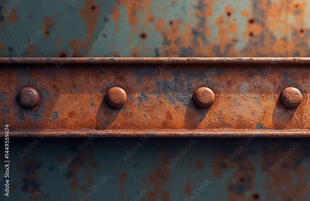 Closeup rusty metal beam with rivets. Aged steel beam, corroded surface, abstract pattern. Grunge industrial design, weathered texture, old architectural detail. Industrial background for